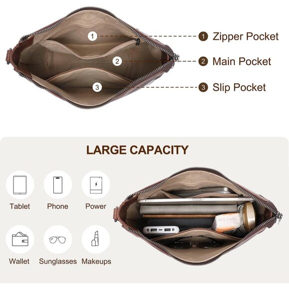 Elegant Ladies Hobo Shoulder Purse - Genuine Leather Crossbody with Pockets - Picture 5 of 6